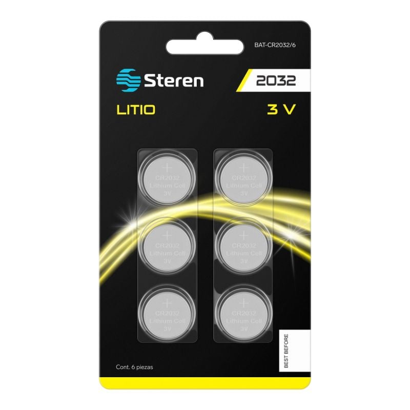 Pila de Litio Steren Tipo Botón CR2032 Capcidad 210 mAh 6 Piezas BAT-CR2032/6 - Steren