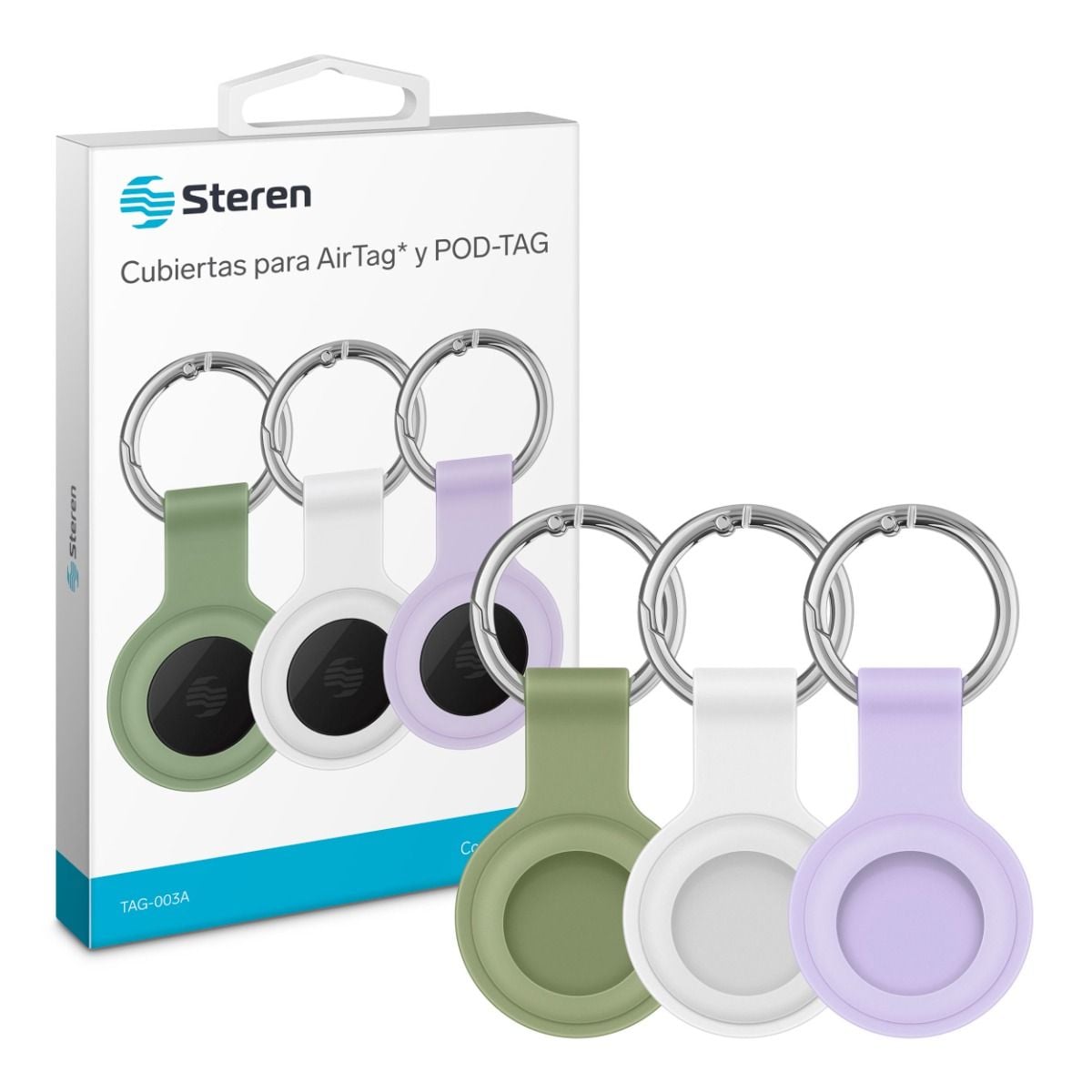 Steren 3 cubiertas de silicón para POD-TAG1/POD-TAG3/AirTag - verde/blanco/lila