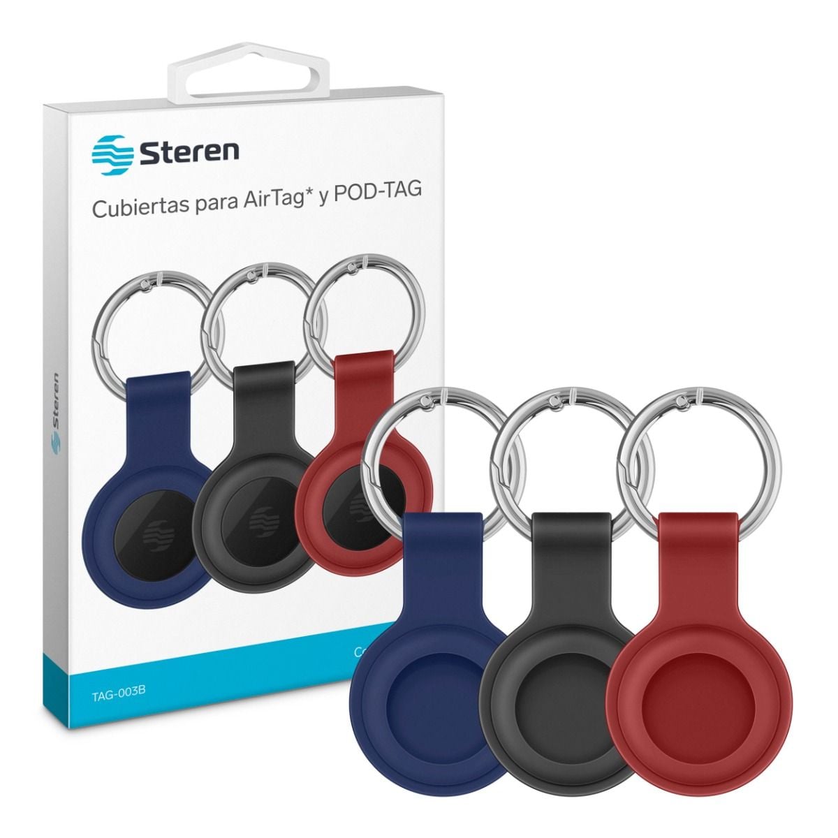Steren 3 cubiertas de silicón para POD-TAG1/POD-TAG3/AirTag - azul/negra/roja