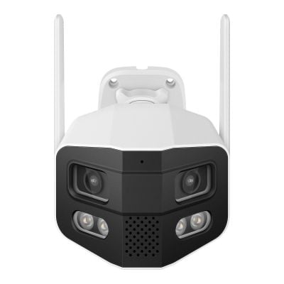Cámara de seguridad Wi-Fi* / Ethernet panorámica 180° de doble lente 2 Mpx + 2 Mpx fija, para exterior