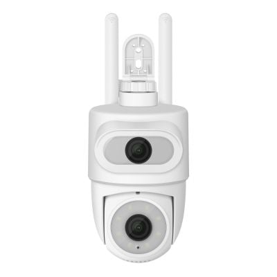 Cámara de seguridad Wi-Fi* de doble lente 2 Mpx + 2 Mpx robotizada tipo domo para exterior con seguidor de movimiento, compatible con asistentes de voz