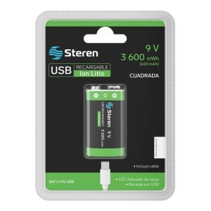 Batería recargable USB Li-Ion tipo 9V (cuadrada), de 3600 mWh