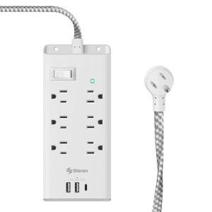 Tira multicontacto de 6 salidas con supresor de picos (456 J), 2 cargadores USB y 1 cargador USB C