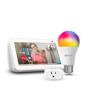 Pantalla inteligente con Alexa y cámara de 2 MPx (3a Gen) más Foco LED Wi-Fi RGB+W multicolor de 10 W más Contacto Wi-Fi (ECHO SHOW 5 BL / SHOME-120 / SHOME-100)