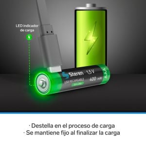 2 baterías recargables USB Li-Ion tipo AAA, de 600 mWh