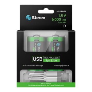 2 baterías recargables USB Li-Ion tipo D, de 6000 mWh