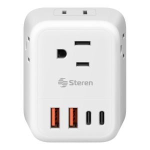 Multicontacto de pared para viaje con clavija europea, 4 salidas polarizadas y centro de carga USB / USB C