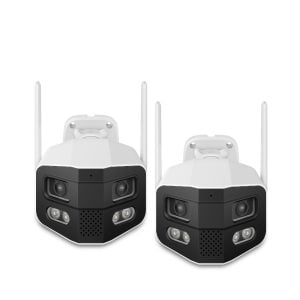 2 cámaras de seguridad Wi-Fi* / Ethernet panorámica 180° de doble lente 2 Mpx + 2 Mpx fija, para exterior