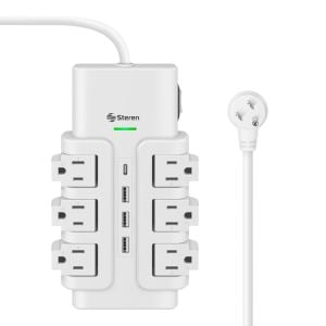 Tira multicontactos de 6 salidas horizontales giratorias con supresor de picos (504 J) y cargador USB C PD 20 W / USB 15 W