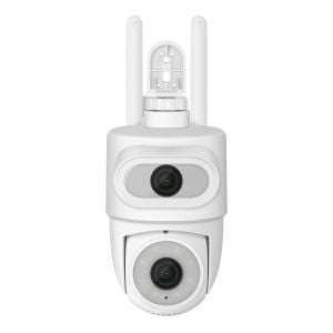 Cámara de seguridad Wi-Fi de doble lente 2 Mpx + 2 Mpx robotizada tipo domo para exterior con seguidor de movimiento, compatible con asistentes de voz