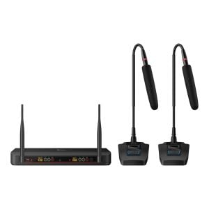 Sistema de 2 micrófonos inalámbricos UHF con selector automático de frecuencia, batería recargable y cuello flexible