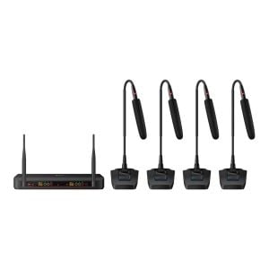 Sistema de 4 micrófonos inalámbricos UHF con selector automático de frecuencia, batería recargable y cuello flexible