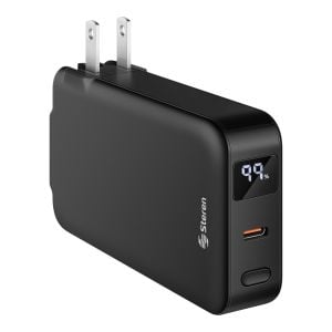 Cargador USB con Power Bank de 5,000 mAh, PD 20 W con 1 salida USB C, cables integrados USB C y Lightning* y clavija abatible