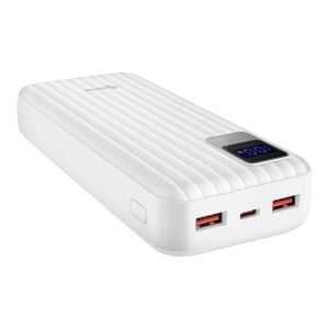 Power Bank de 20,000 mAh PD 20 W / QC 18 W con 1 salida USB C, 2 salidas USB y cables integrados USB C PD / Lightning, blanca