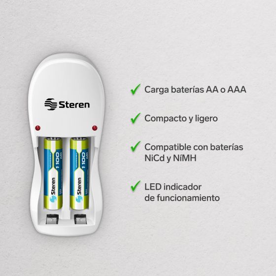 Cargador de pilas Steren compatible con baterías AA, AAA y 9V