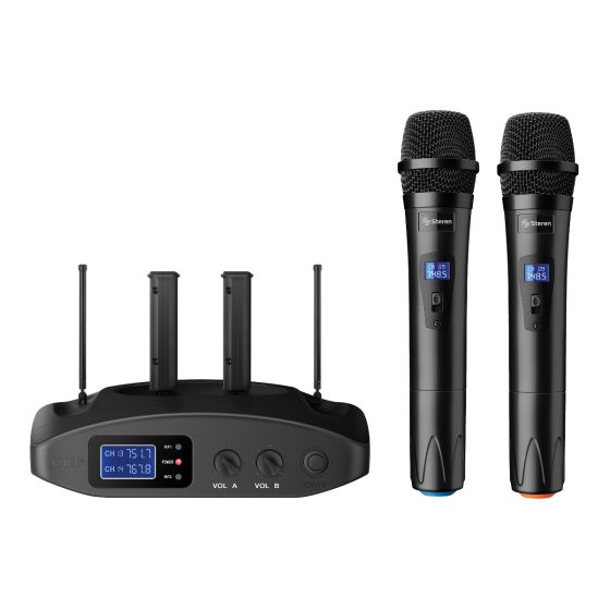 Sistema de 2 micrófonos inalámbricos UHF con baterías recargables en Venta  | Steren Tienda en Línea