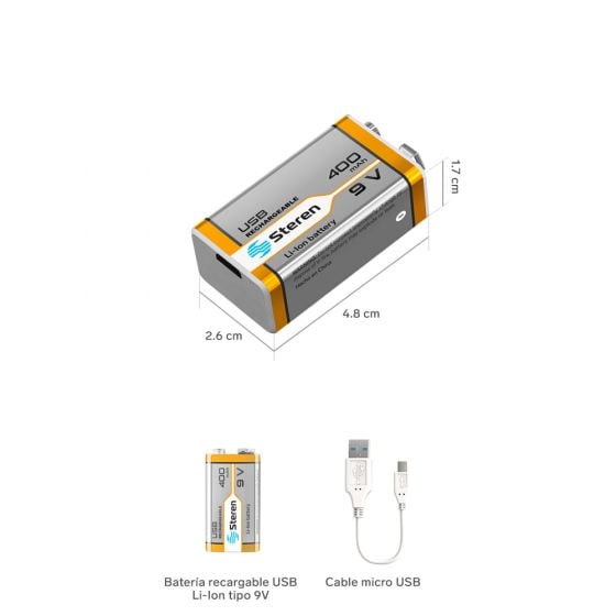 Batería recargable USB Li-Ion tipo 9V (cuadrada), de 40