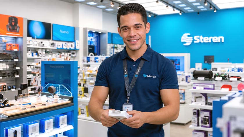 Asesor de Steren con gafete atendiendo en el mostrador
